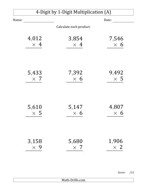 The Multiplying 4-Digit by 1-Digit Numbers (Large Print) with Comma-Separated Thousands (A) Math Worksheet