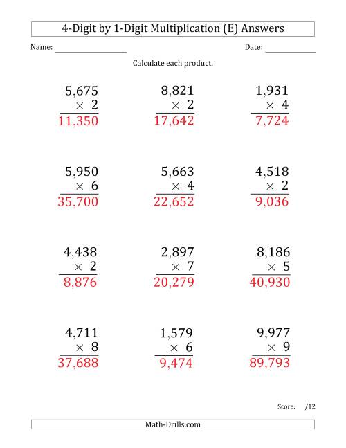 multiplying 4 digit by 1 digit numbers large print with comma