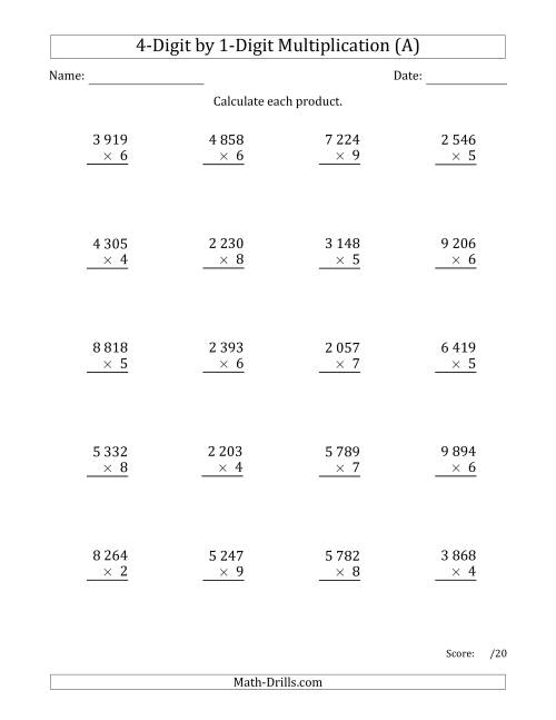 The Multiplying 4-Digit by 1-Digit Numbers with Space-Separated Thousands (A) Math Worksheet