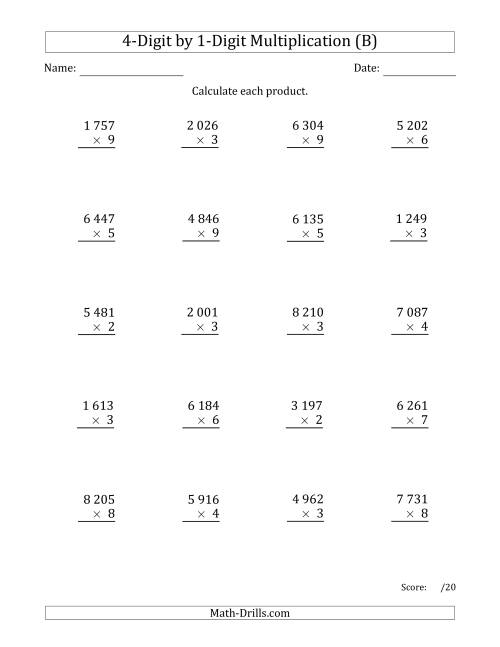 The Multiplying 4-Digit by 1-Digit Numbers with Space-Separated Thousands (B) Math Worksheet