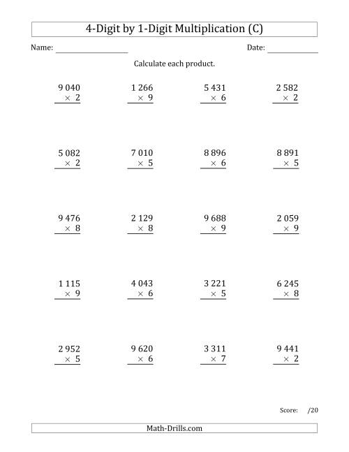 The Multiplying 4-Digit by 1-Digit Numbers with Space-Separated Thousands (C) Math Worksheet
