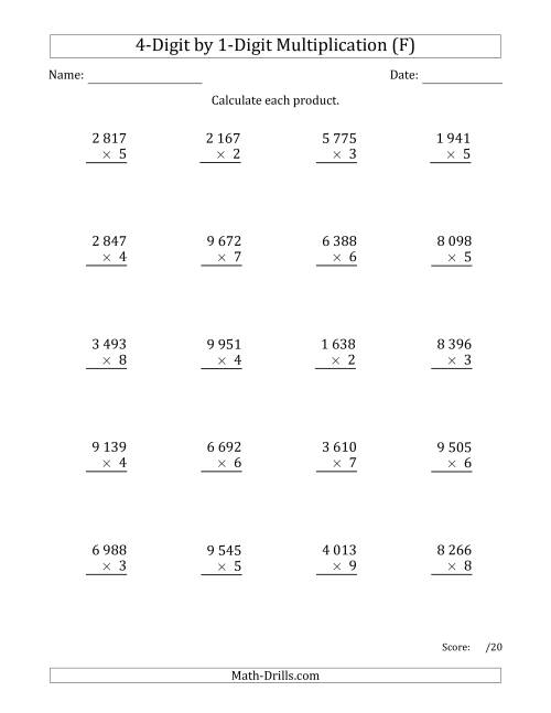 The Multiplying 4-Digit by 1-Digit Numbers with Space-Separated Thousands (F) Math Worksheet