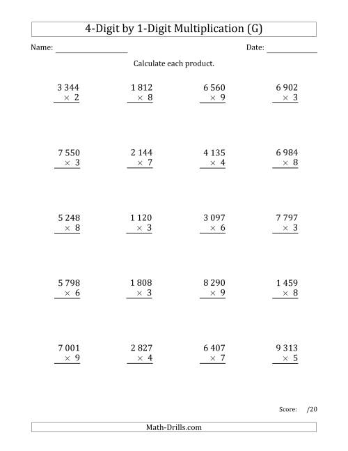 The Multiplying 4-Digit by 1-Digit Numbers with Space-Separated Thousands (G) Math Worksheet