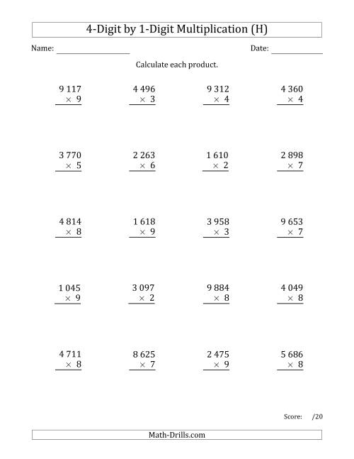 The Multiplying 4-Digit by 1-Digit Numbers with Space-Separated Thousands (H) Math Worksheet