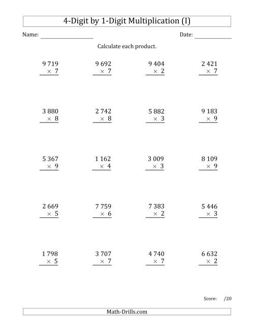 The Multiplying 4-Digit by 1-Digit Numbers with Space-Separated Thousands (I) Math Worksheet