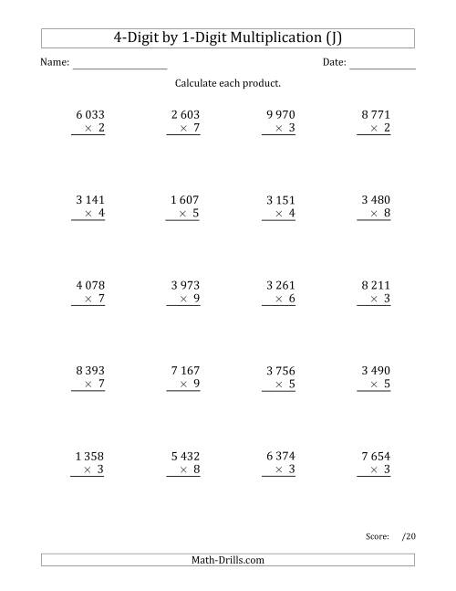 The Multiplying 4-Digit by 1-Digit Numbers with Space-Separated Thousands (J) Math Worksheet