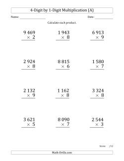 Multiplying 4-Digit by 1-Digit Numbers (Large Print) with Space-Separated Thousands