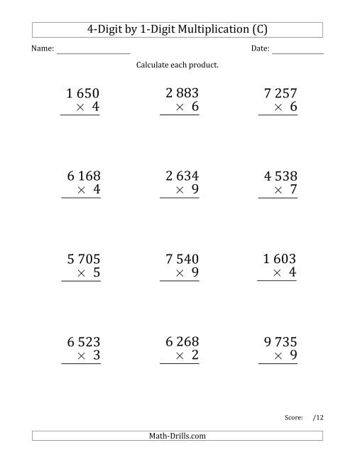 The Multiplying 4-Digit by 1-Digit Numbers (Large Print) with Space-Separated Thousands (C) Math Worksheet