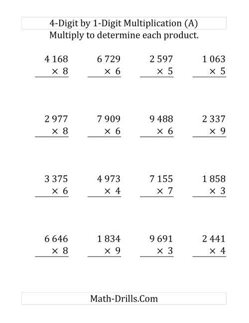 The 4-Digit by 1-Digit Multiplication (SI Version) (Large Print) Math Worksheet