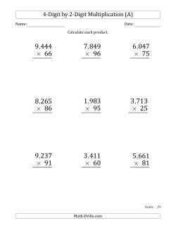 Multiplying 4-Digit by 2-Digit Numbers (Large Print) with Comma-Separated Thousands