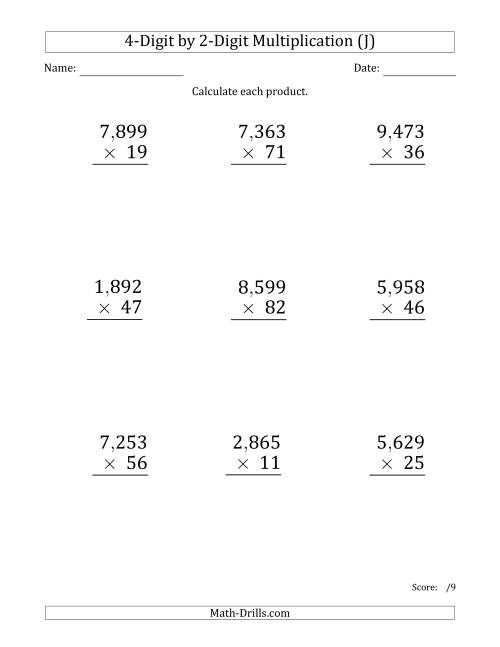 The Multiplying 4-Digit by 2-Digit Numbers (Large Print) with Comma-Separated Thousands (J) Math Worksheet
