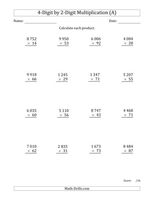 The Multiplying 4-Digit by 2-Digit Numbers with Space-Separated Thousands (A) Math Worksheet