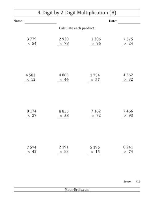 The Multiplying 4-Digit by 2-Digit Numbers with Space-Separated Thousands (B) Math Worksheet