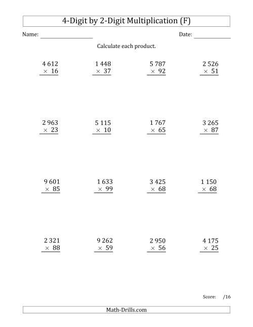 The Multiplying 4-Digit by 2-Digit Numbers with Space-Separated Thousands (F) Math Worksheet