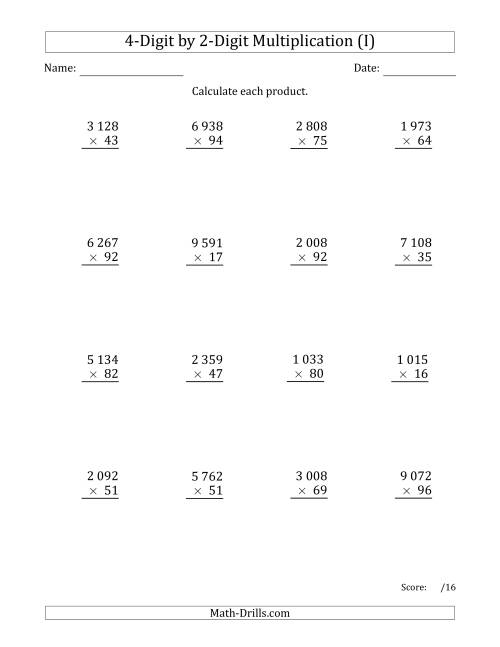 The Multiplying 4-Digit by 2-Digit Numbers with Space-Separated Thousands (I) Math Worksheet