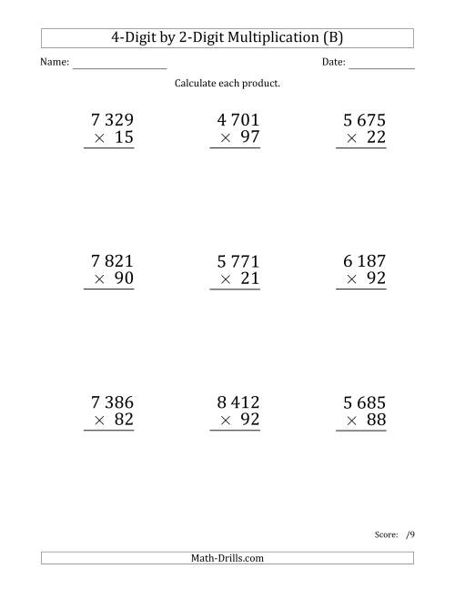 The Multiplying 4-Digit by 2-Digit Numbers (Large Print) with Space-Separated Thousands (B) Math Worksheet