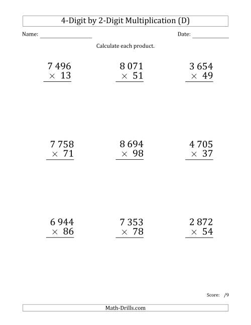 The Multiplying 4-Digit by 2-Digit Numbers (Large Print) with Space-Separated Thousands (D) Math Worksheet