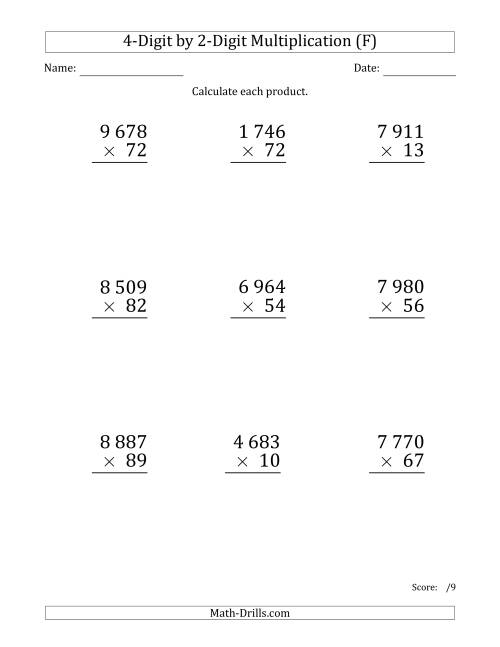 The Multiplying 4-Digit by 2-Digit Numbers (Large Print) with Space-Separated Thousands (F) Math Worksheet