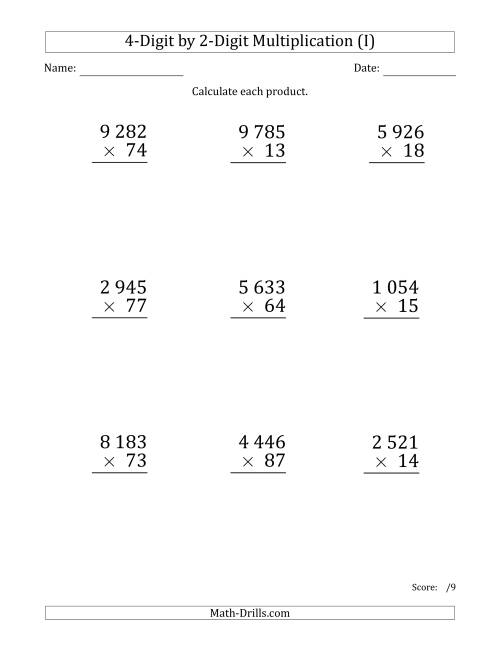 The Multiplying 4-Digit by 2-Digit Numbers (Large Print) with Space-Separated Thousands (I) Math Worksheet