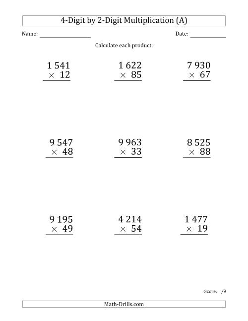The Multiplying 4-Digit by 2-Digit Numbers (Large Print) with Space-Separated Thousands (All) Math Worksheet