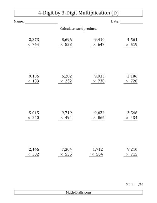 The Multiplying 4-Digit by 3-Digit Numbers with Comma-Separated Thousands (D) Math Worksheet