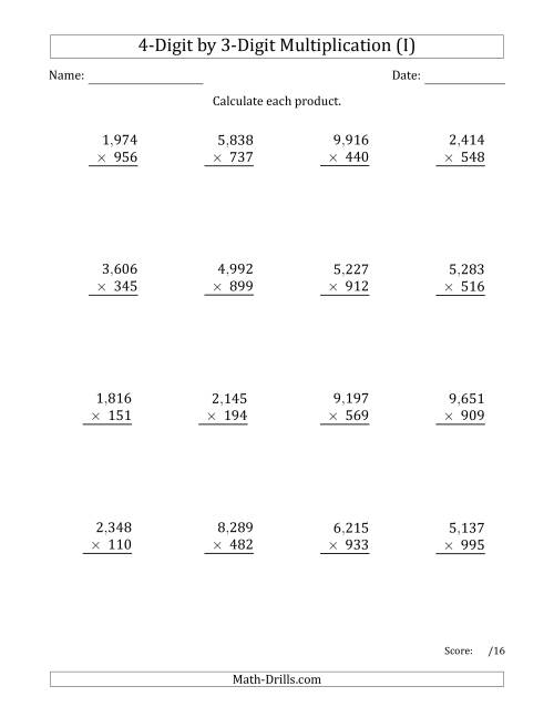 The Multiplying 4-Digit by 3-Digit Numbers with Comma-Separated Thousands (I) Math Worksheet