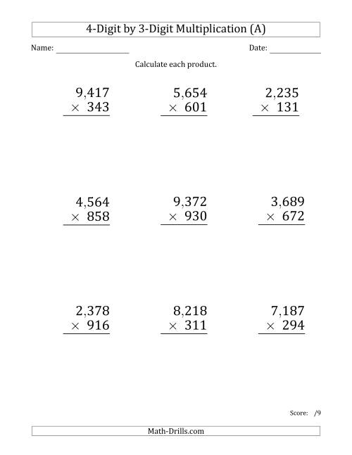 The Multiplying 4-Digit by 3-Digit Numbers (Large Print) with Comma-Separated Thousands (A) Math Worksheet