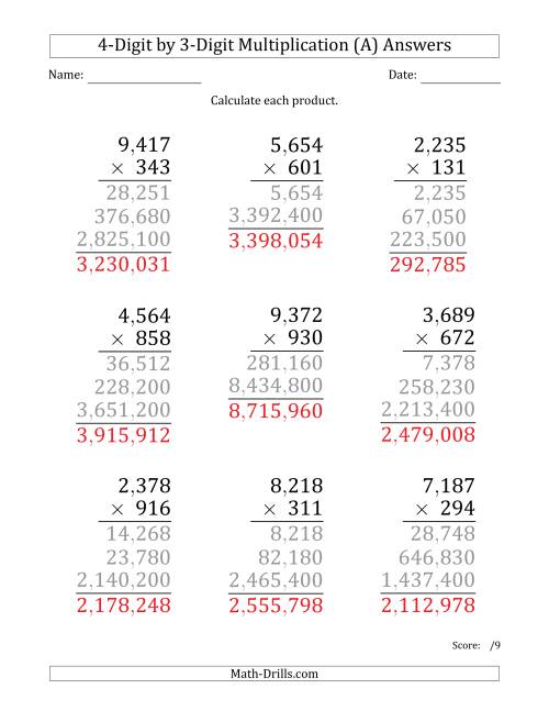 multiplying 4 digit by 3 digit numbers large print with comma