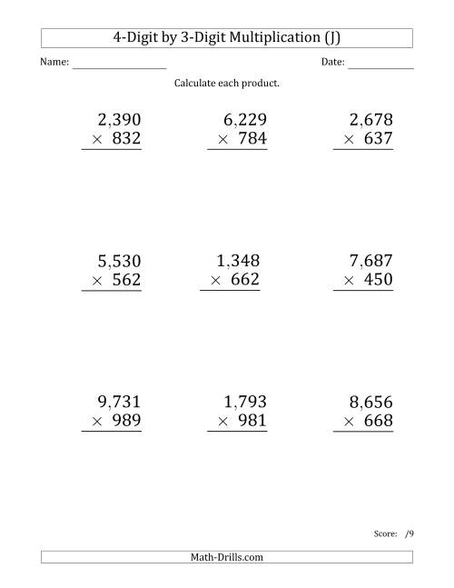 The Multiplying 4-Digit by 3-Digit Numbers (Large Print) with Comma-Separated Thousands (J) Math Worksheet