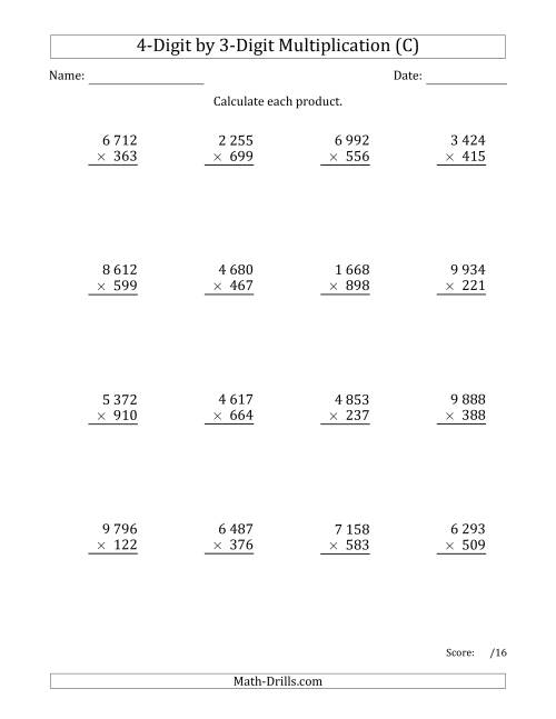 The Multiplying 4-Digit by 3-Digit Numbers with Space-Separated Thousands (C) Math Worksheet