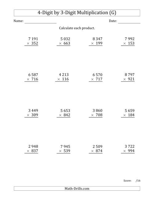 The Multiplying 4-Digit by 3-Digit Numbers with Space-Separated Thousands (G) Math Worksheet