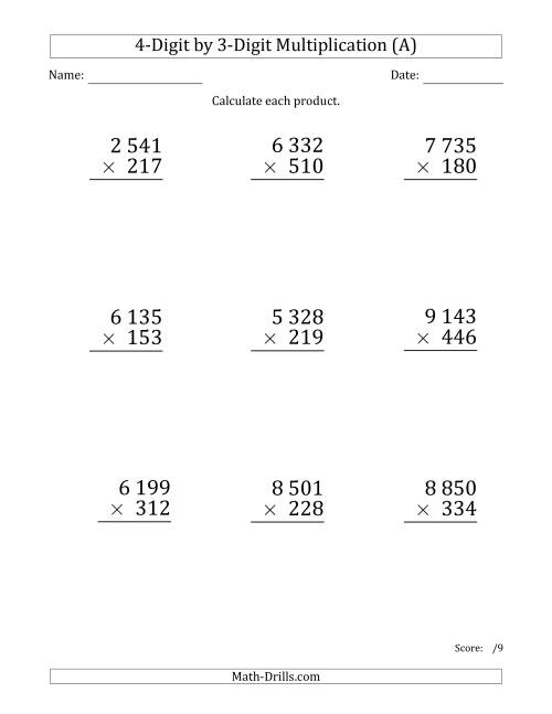 The Multiplying 4-Digit by 3-Digit Numbers (Large Print) with Space-Separated Thousands (A) Math Worksheet
