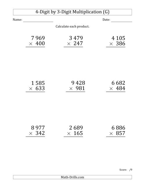 The Multiplying 4-Digit by 3-Digit Numbers (Large Print) with Space-Separated Thousands (G) Math Worksheet