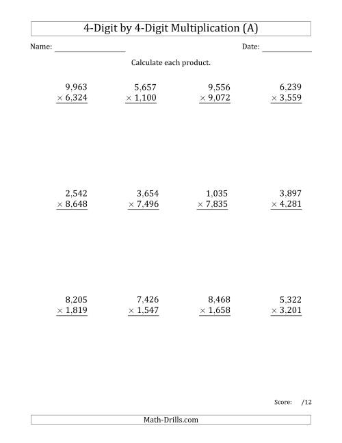 The Multiplying 4-Digit by 4-Digit Numbers with Comma-Separated Thousands (A) Math Worksheet