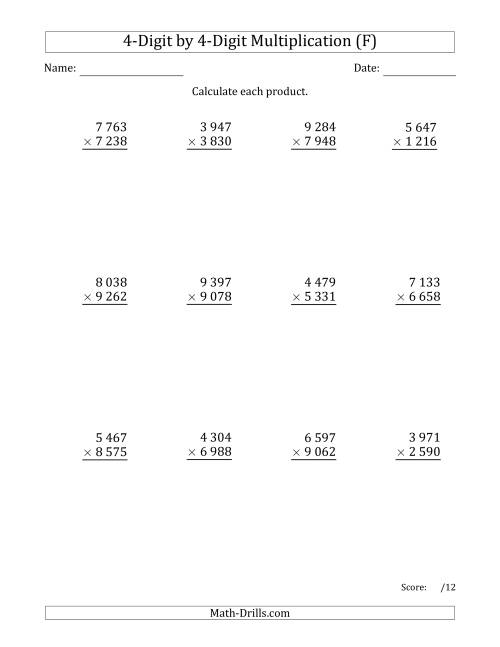 The Multiplying 4-Digit by 4-Digit Numbers with Space-Separated Thousands (F) Math Worksheet