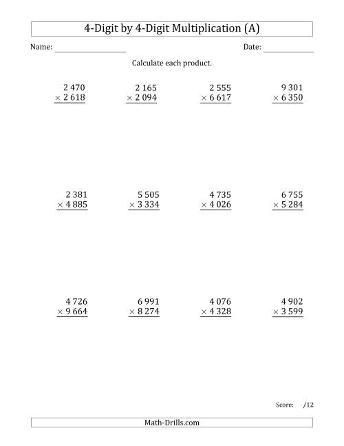 The Multiplying 4-Digit by 4-Digit Numbers with Space-Separated Thousands (All) Math Worksheet