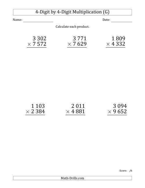 The Multiplying 4-Digit by 4-Digit Numbers (Large Print) with Space-Separated Thousands (G) Math Worksheet