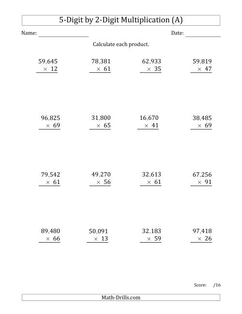 The Multiplying 5-Digit by 2-Digit Numbers with Comma-Separated Thousands (A) Math Worksheet