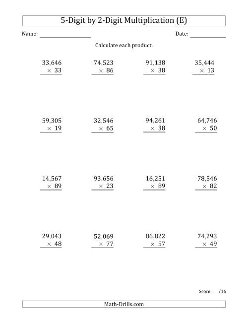 The Multiplying 5-Digit by 2-Digit Numbers with Comma-Separated Thousands (E) Math Worksheet