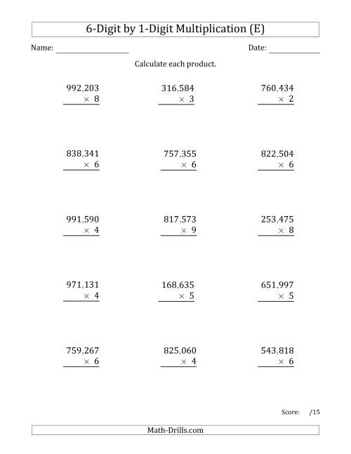 The Multiplying 6-Digit by 1-Digit Numbers with Comma-Separated Thousands (E) Math Worksheet
