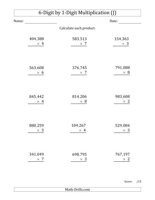 The Multiplying 6-Digit by 1-Digit Numbers with Comma-Separated Thousands (J) Math Worksheet