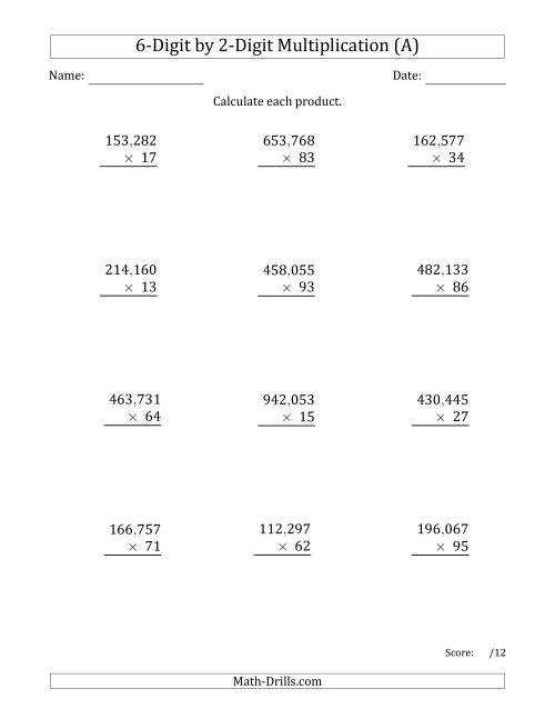 The Multiplying 6-Digit by 2-Digit Numbers with Comma-Separated Thousands (A) Math Worksheet