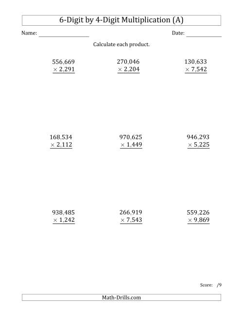 The Multiplying 6-Digit by 4-Digit Numbers with Comma-Separated Thousands (A) Math Worksheet