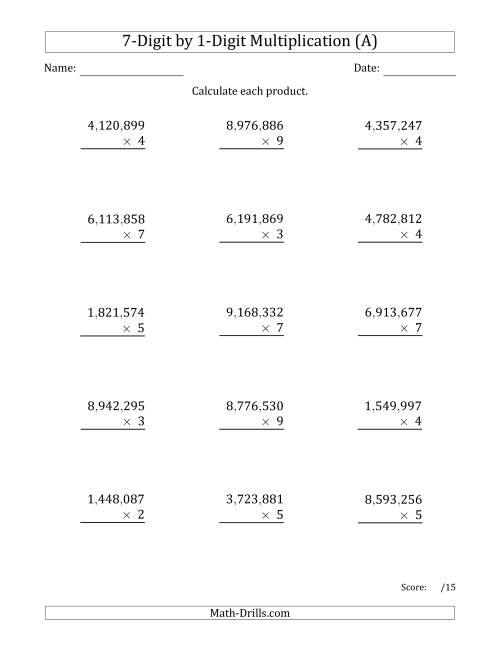 The Multiplying 7-Digit by 1-Digit Numbers with Comma-Separated Thousands (A) Math Worksheet