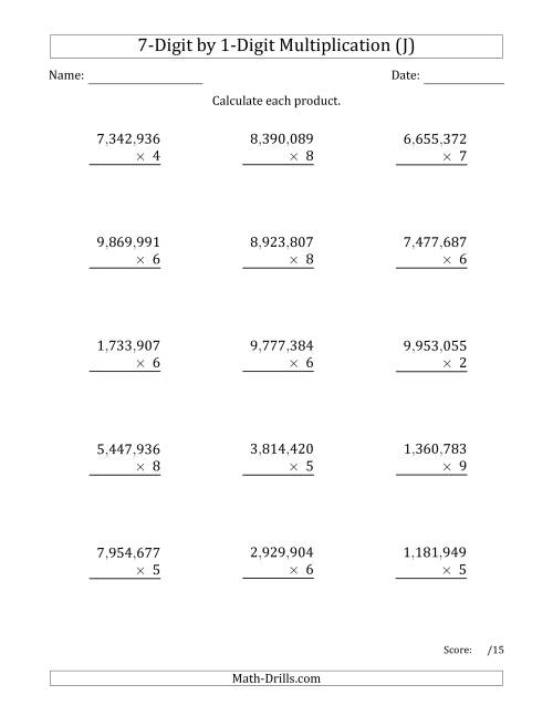 The Multiplying 7-Digit by 1-Digit Numbers with Comma-Separated Thousands (J) Math Worksheet