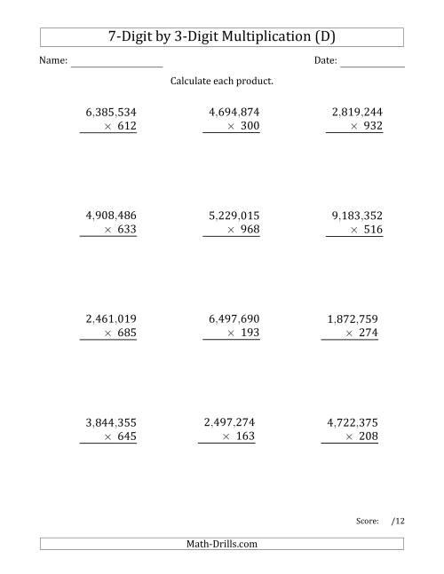 The Multiplying 7-Digit by 3-Digit Numbers with Comma-Separated Thousands (D) Math Worksheet