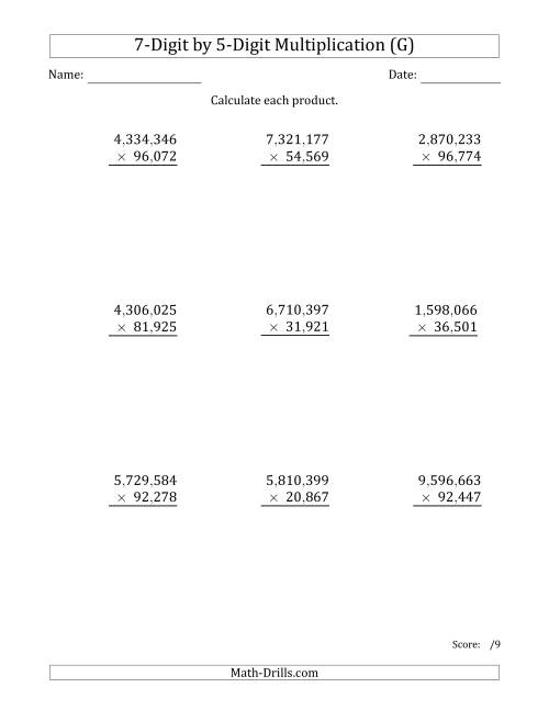 The Multiplying 7-Digit by 5-Digit Numbers with Comma-Separated Thousands (G) Math Worksheet