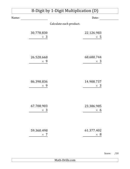 The Multiplying 8-Digit by 1-Digit Numbers with Comma-Separated Thousands (D) Math Worksheet