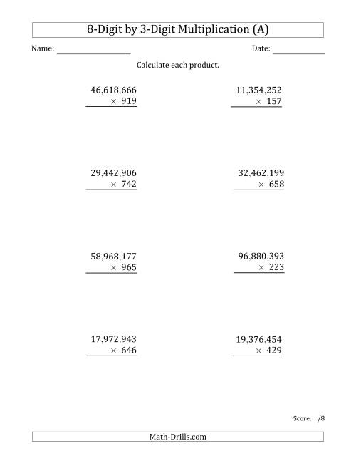The Multiplying 8-Digit by 3-Digit Numbers with Comma-Separated Thousands (A) Math Worksheet