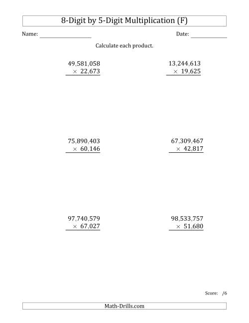 The Multiplying 8-Digit by 5-Digit Numbers with Comma-Separated Thousands (F) Math Worksheet